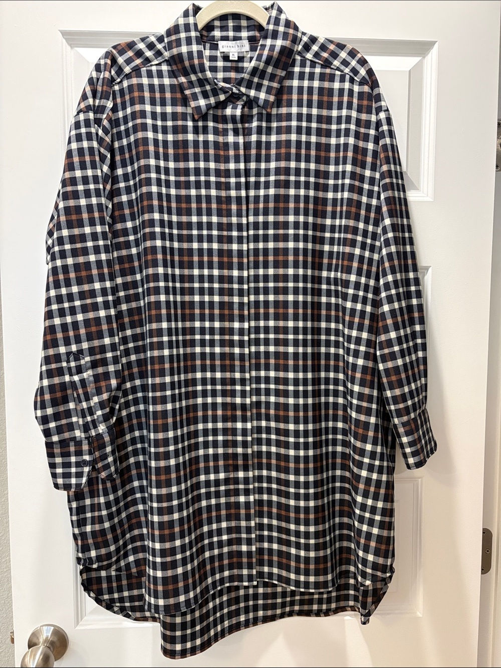 Gianni Bini Navy, White & Brown Plaid Button-Down Shirt Dress